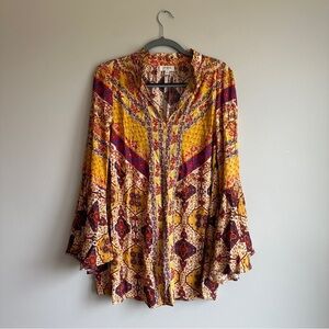 Umgee Yellow Red Geometric Print Bell Sleeve Tunic S